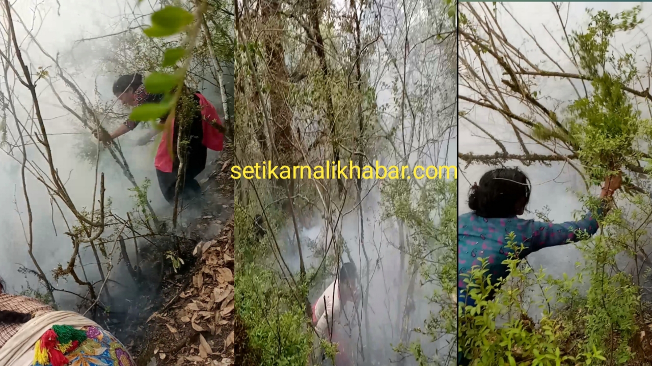जङ्गलमा आगलागी हुँदा स्थानीय द्रारा आगो नियन्त्रण